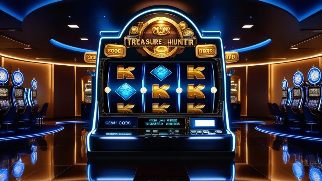 Dark casino scene with glowing reels and treasure-hunter styling for bonus code content.