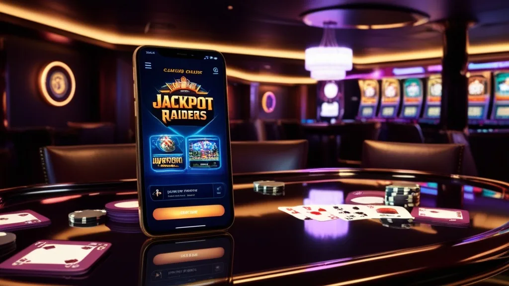 Smartphone showing a Jackpot Raiders mobile lobby in a dark casino setting