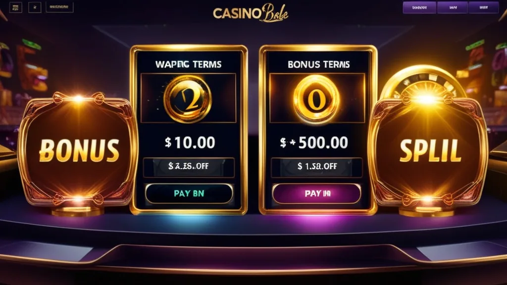 Casino bonus terms dashboard with wagering and eligibility details on a dark background.