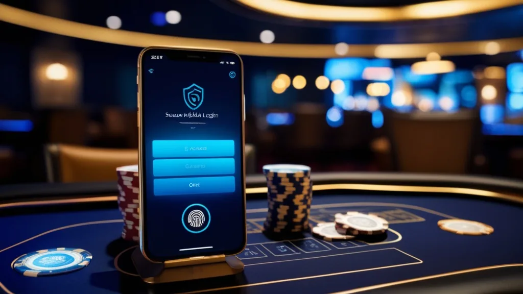 Smartphone login screen for a casino app in a dark secure setting