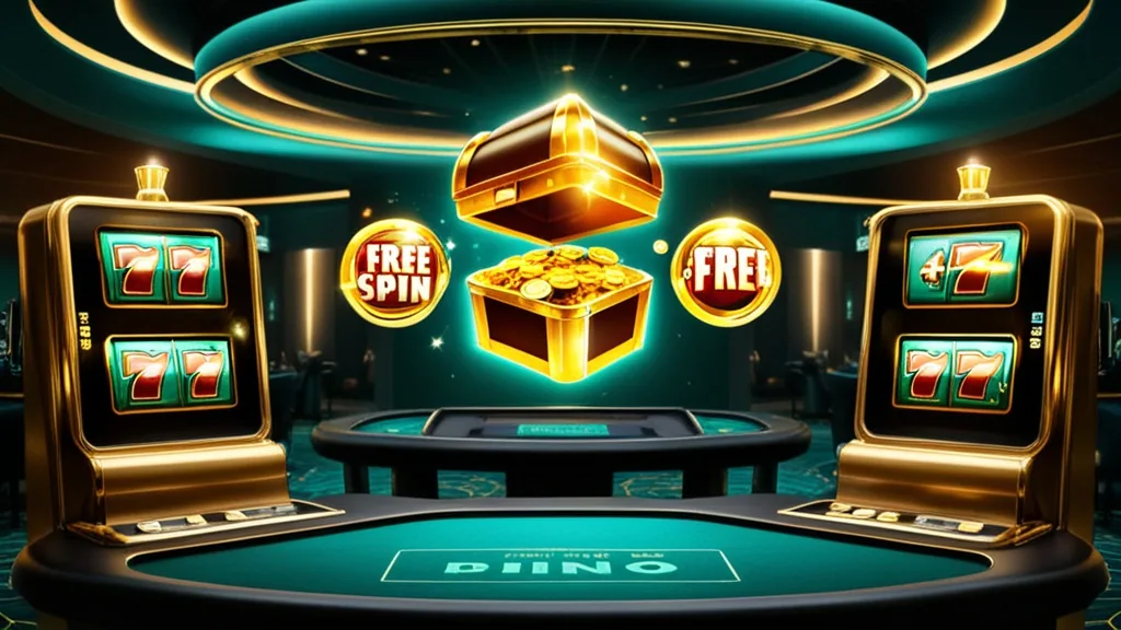 Casino bonus chest with glowing free-spin symbols in a dark atmospheric setting.
