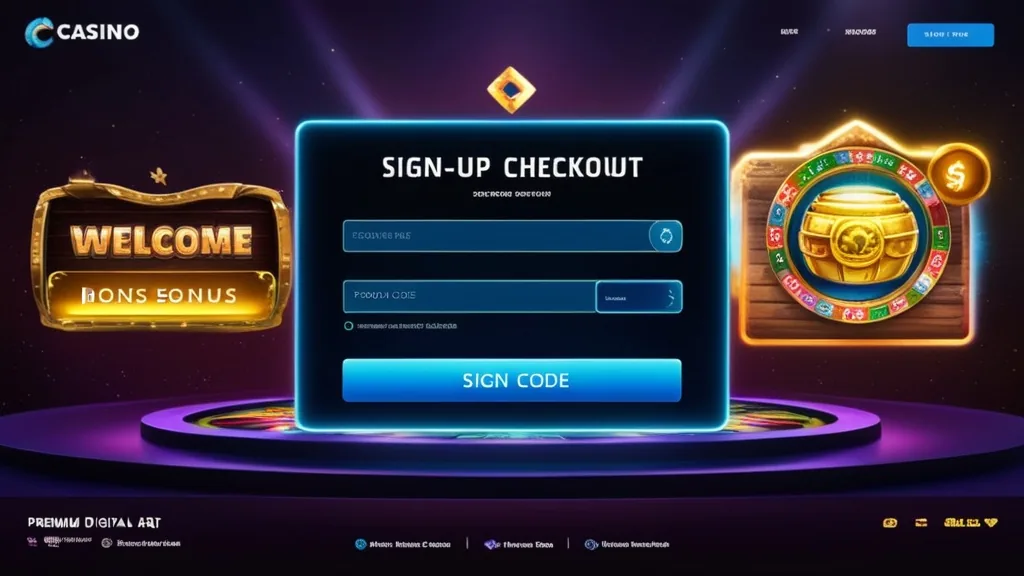 Casino sign-up form highlighting a promo code box and welcome bonus card.