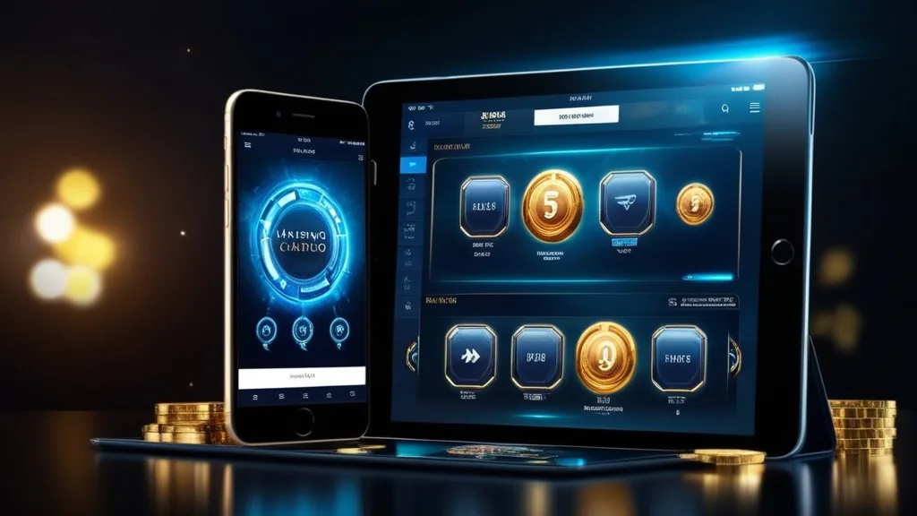 Smartphone and tablet showing a mobile casino app interface with update symbols