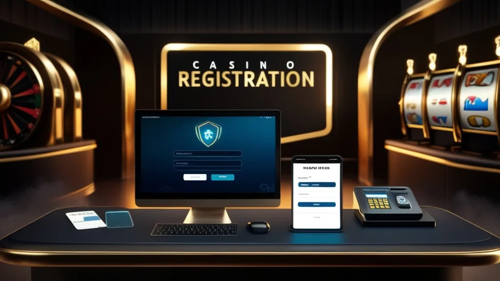 Casino sign-up form beside a phone and ID card in a moody gaming environment